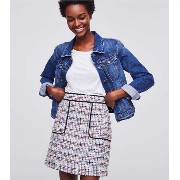 LOFT Tweed Plaid Patch Pockets Lined Academia Back Zip Shift Mini Skirt Size 2 - Picture 2 of 11